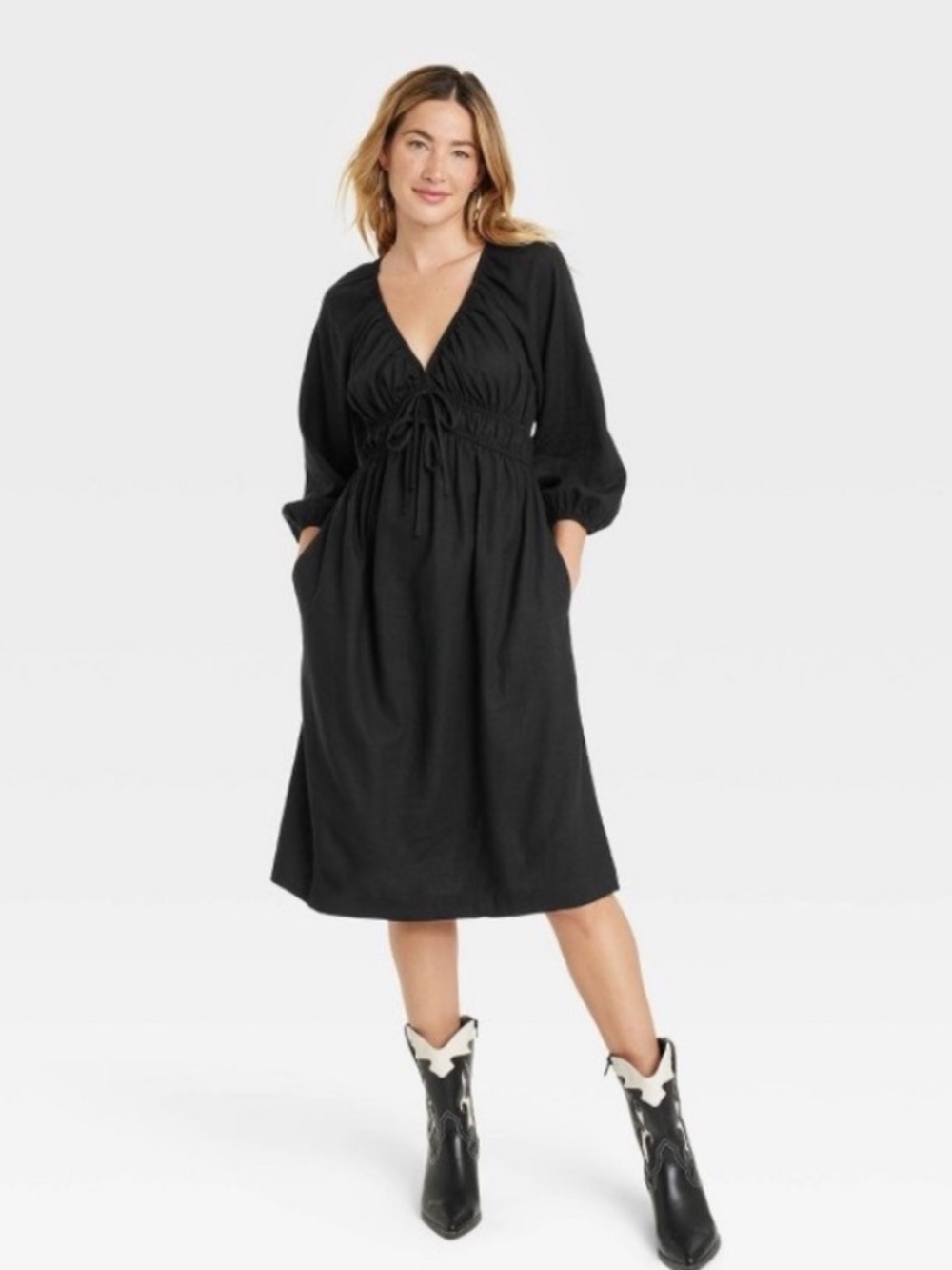 Universal Thread Black Linen Midi Dress 3/4 Puff Sleeve Ruched Bust Peasant‎